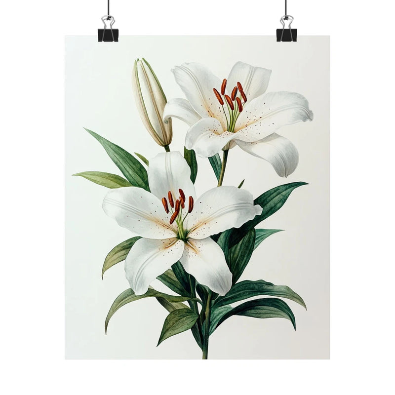 White lily flower art print poster with green leaves, minimalist floral design