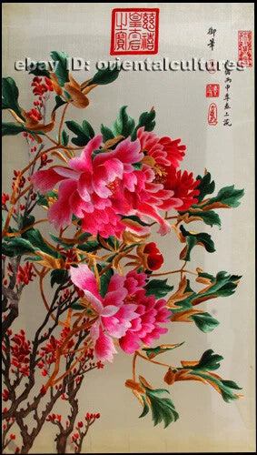 Peony embroidery kit fabric panel with pink peony flowers and green leaves