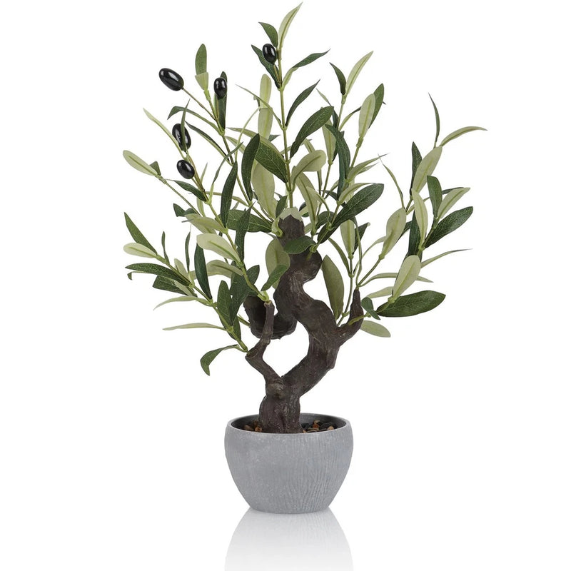 Artificial Olive Tree Potted Plant with Stone Pot, 19" Tall Japanese Bonsai T... Green Plant