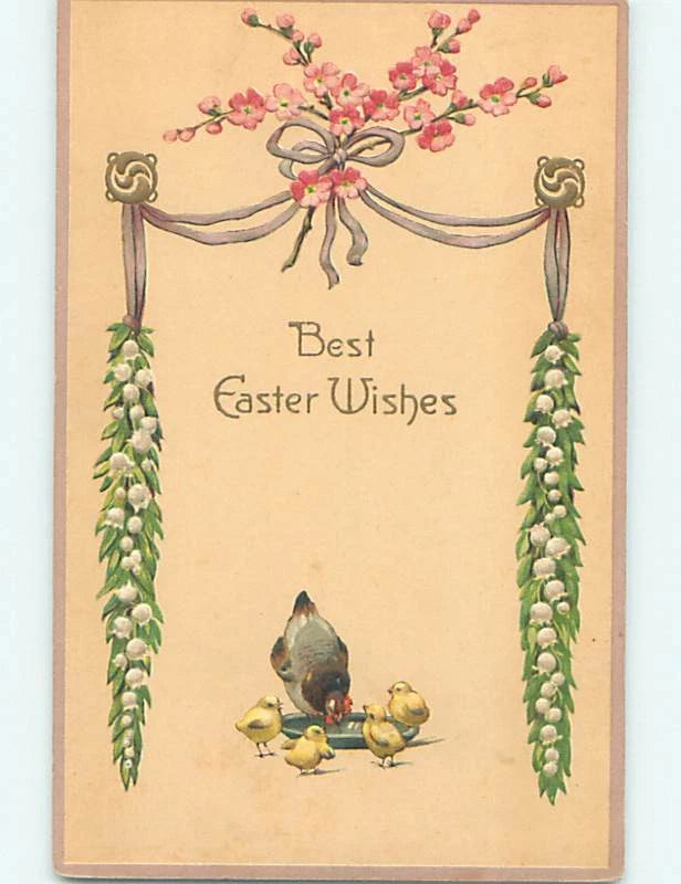 Unused Div-Back Easter CHICKS AT WATER DISH & LILY OF VALLEY FLOWERS o6659@ Lily