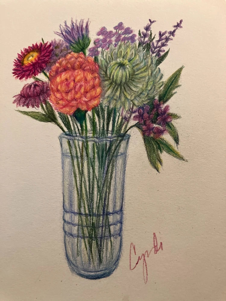 Colored pencil flower bouquet drawing with orange and purple flowers in blue vase