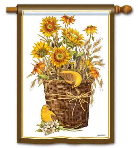 Sunflower art house flag with wicker basket of yellow flowers on a cream background