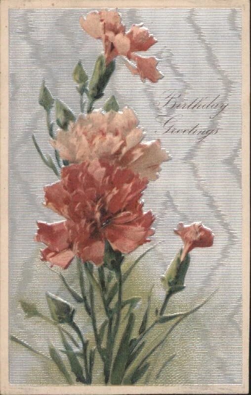 Vintage postcard with embossed carnations and cursive birthday greetings