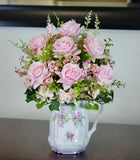 Vintage Bavaria Floral Pitcher and Silk Pink Rose and Hydrangeas Arrangement Hydrangea