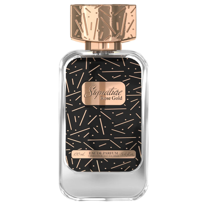 EDP perfume bottle with clear glass, rose-gold cap, and dark signature label