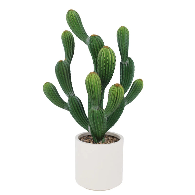 Artificial cactus plant with green ribbed stems in a white pot