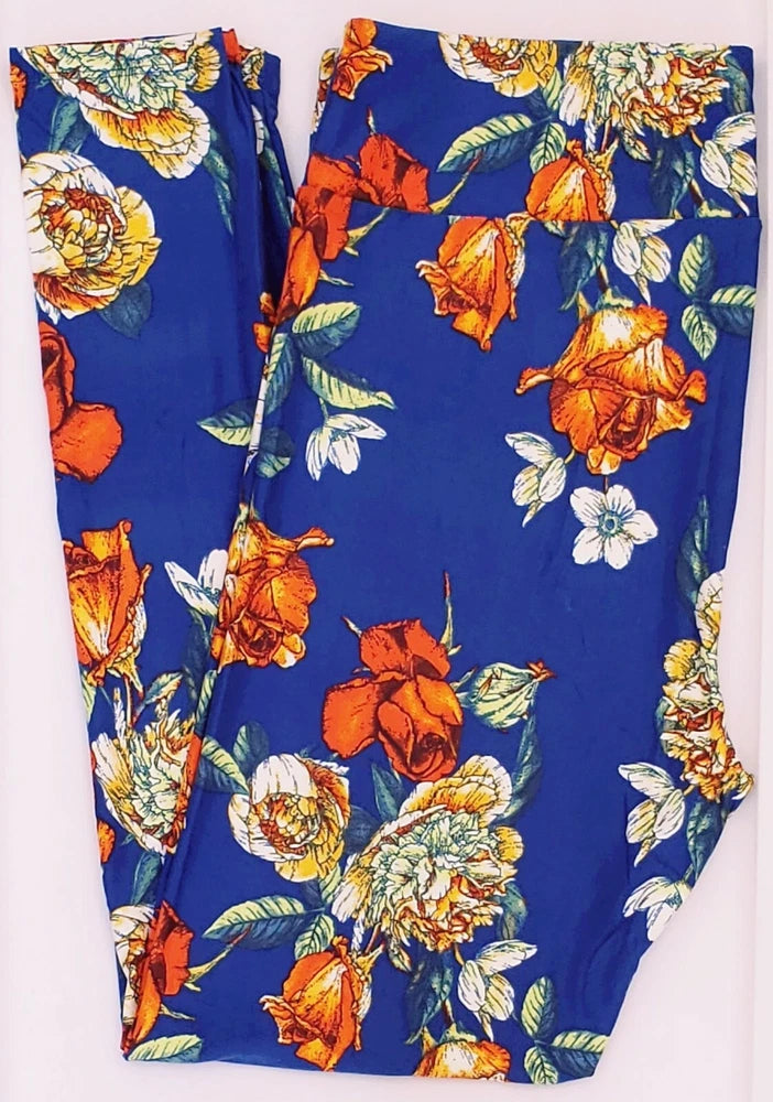 TC LuLaRoe Tall & Curvy Leggings Roses Flowers on Blue NWT H20 Roses