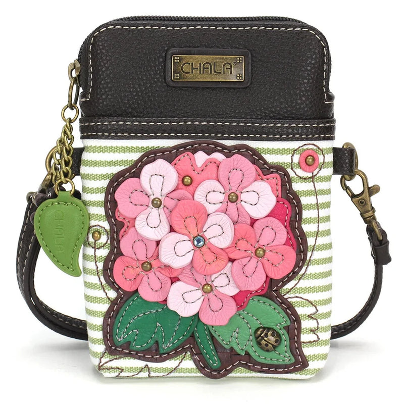 NEW CHALA PINK HYDRANGEA FLOWER GREEN STRIPE CELL PHONE CROSSBODY PURSE ADJ STRP Hydrangea