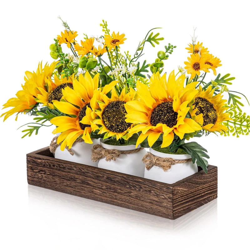 3 Pcs Artificial Sunflower Potted Plants with Wood Tray Farmhouse Faux Sunflo... Sunflower