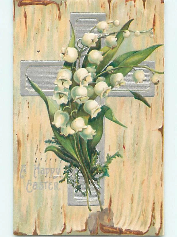 Easter decorative canvas of Jesus cross with lily of the valley flowers and “Happy Easter”