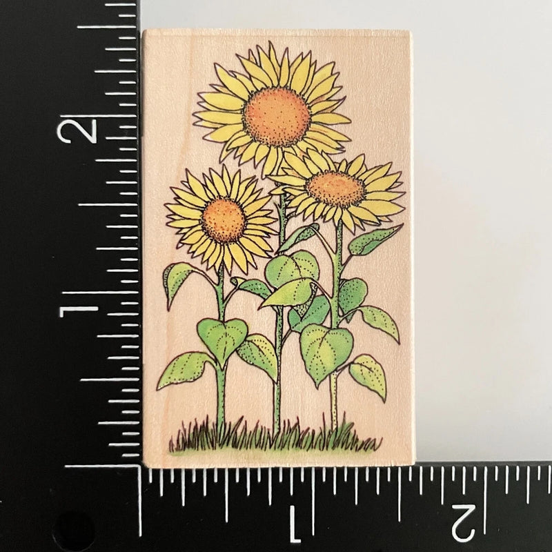 Wood-mounted sunflower rubber stamp with three blossoms and green leaves