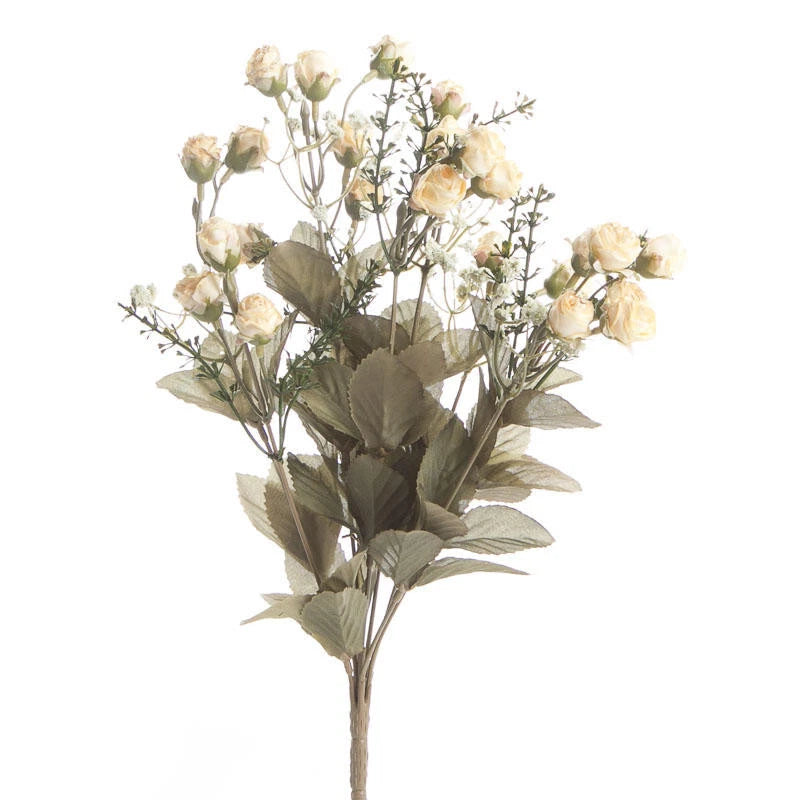 Artificial dried-look rose floral bush with antique beige blooms and leafy stems