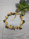 New Hand Crafted Sunflower Beaded Dangle Bracelet Gold Tone Sunflower
