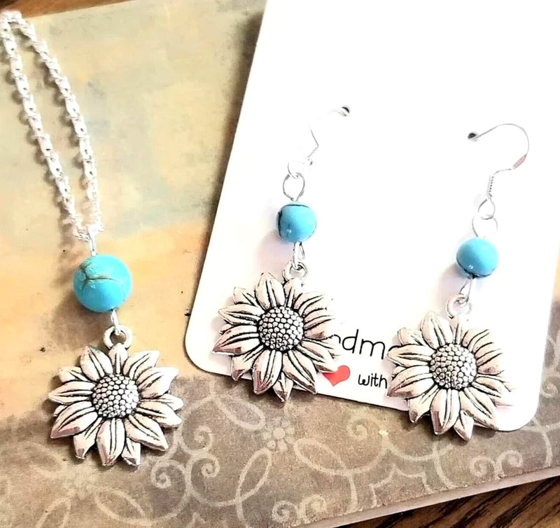 Sunflower earrings with turquoise beads and silver-tone sunflower charms