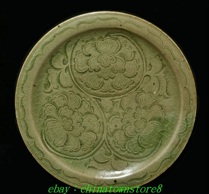 6" Old Dynasty Yaozhou Kiln Porcelain Palace Peony Flower Pattern Plate Tray Peony