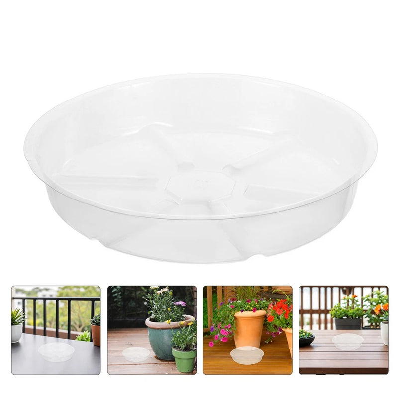 Round white plastic planter drip tray for potted plants, shallow catch basin