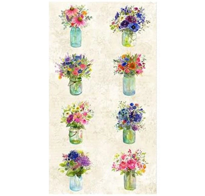 24" X 44" Panel Cotton Flowers Floral Bouquets Cream Fabric Panel D587.96 Flowering Plants