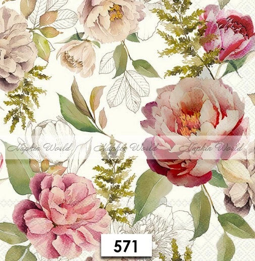 (571) TWO Paper LUNCHEON Decoupage Art Craft Napkins - PEONIES PEONY FLOWERS Peony