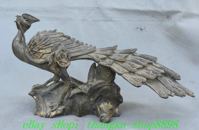 9'' Old Chinese Pure Bronze Feng Shui Peony Flower Phoenix Bird Statue Sculpture Peony