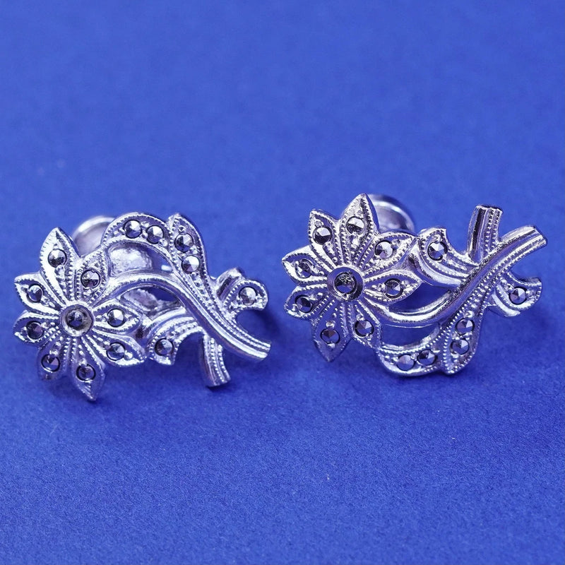 Vintage Sterling silver handmade earrings, 925 screw back sunflower flower Sunflower
