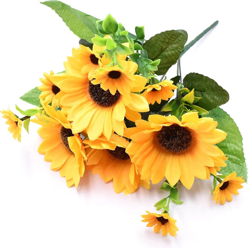 Mini artificial sunflower bouquet with yellow blooms, dark centers, and green leaves