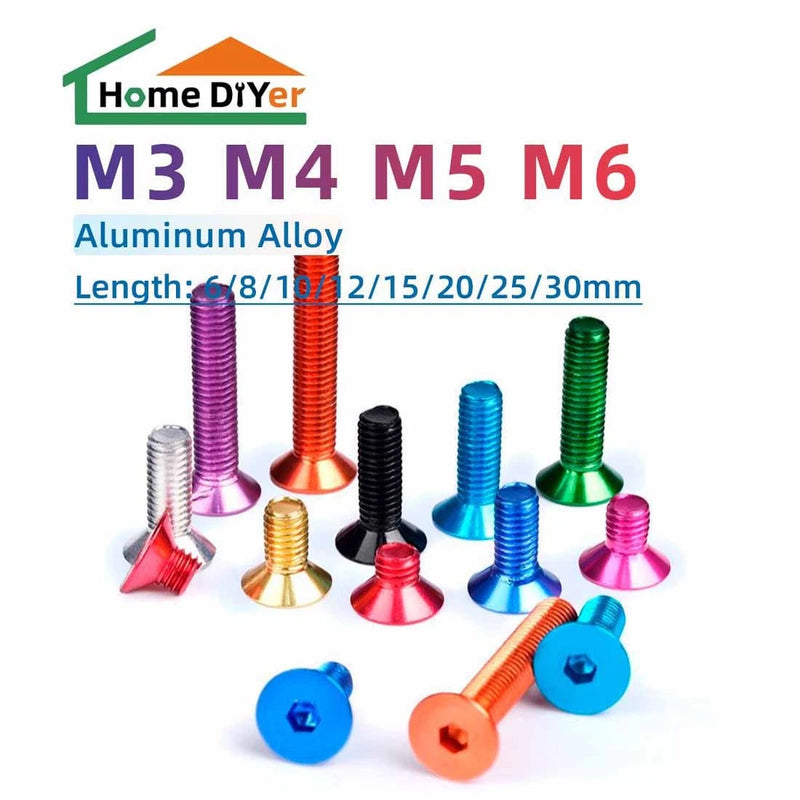 Anodized aluminum countersunk hex socket bolts, assorted purple orange black blue green