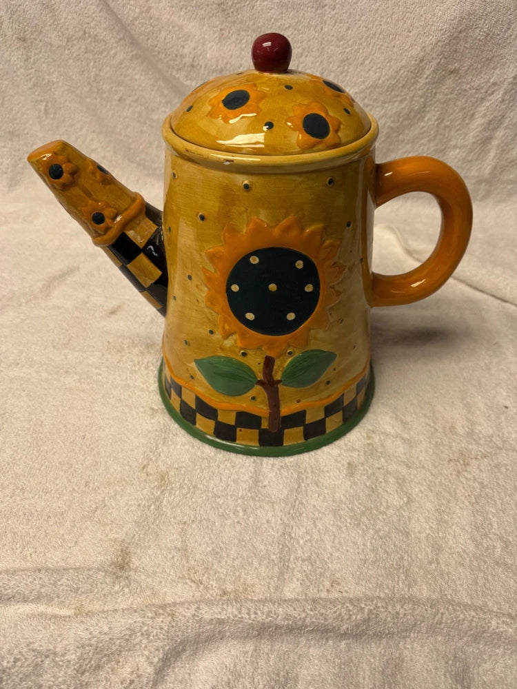 Debbie Mumm sunflower teapot cookie jar, yellow ceramic with hand-painted lid and handle