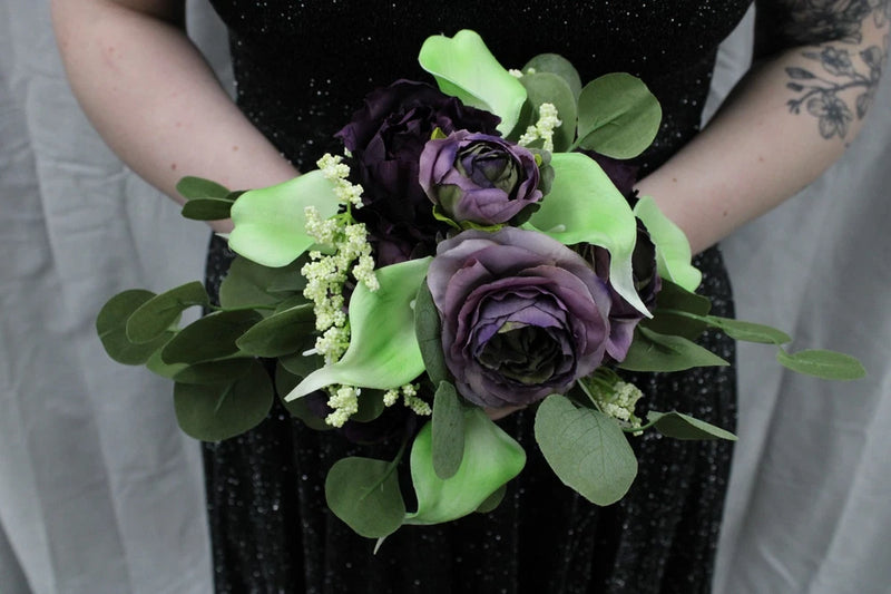 Purple ranunculus & lime green calla liliy bouquet w/ boutonniere Ranunculus