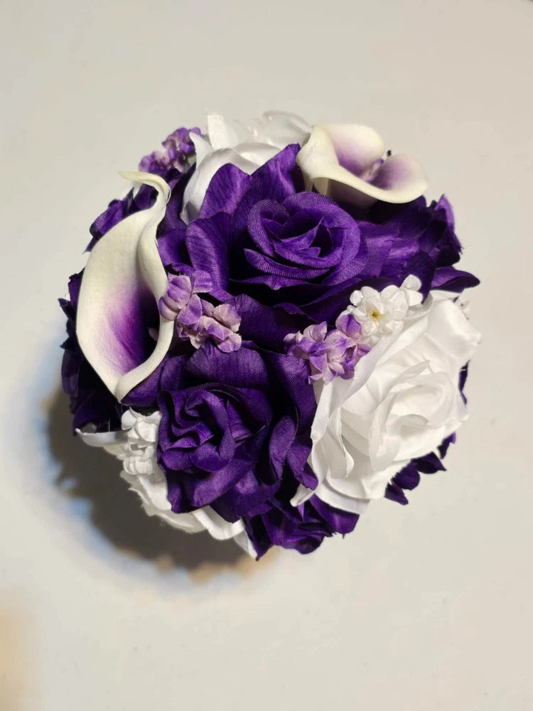 7 Pieces Artificial Flowers Purple White Roses Calla Lilies Wedding Bouquet Set Bouquet