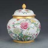 8" Chinese Qing Colour Enamels Porcelain Gild Tree Peony Flower Caddy Pot Peony