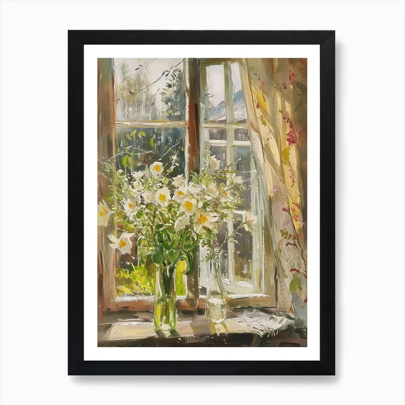 Framed wall art print with white flowers in a glass vase on a window scene