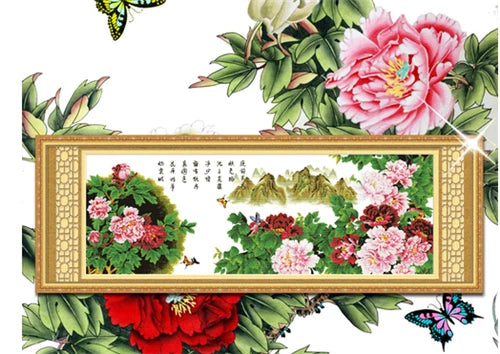 "Peony Flower" Angel 5D printed color background cross stitch kits _190cm*73cm Peony