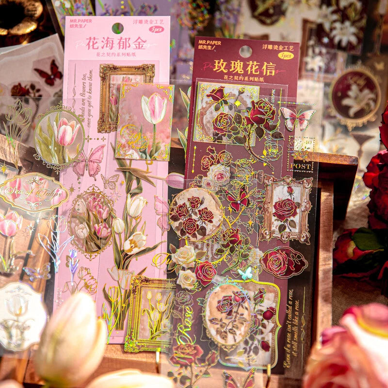 Gold Foil Flower Rose PET Stickers Pressed Dried Lily Tulip Scrapbook Journals Lily