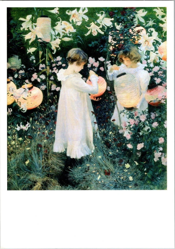 Art postcard featuring two women in a floral garden with white lilies and roses