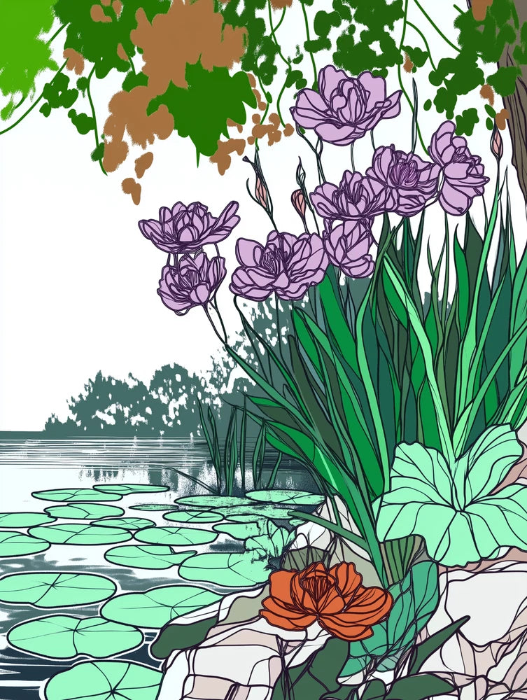 Water Lily Pond with Purple and Orange Flowers Poster 18x24in Lily
