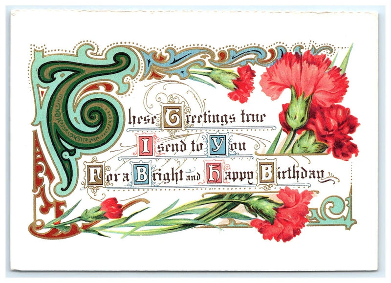 Birthday greeting postcard with red carnation flowers and ornate decorative typography