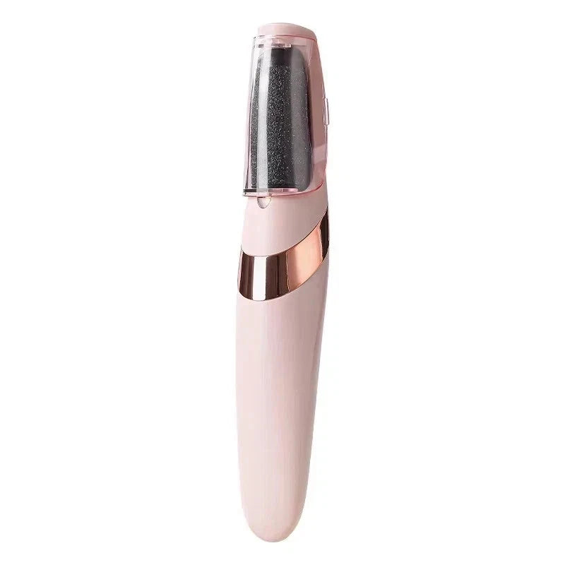 Handheld electric pedicure tool with dark roller head, light pink and rose-gold finish
