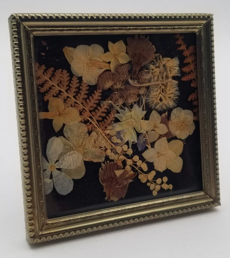 Small brass square frame with dried flowers and fern leaves, vintage arrangement