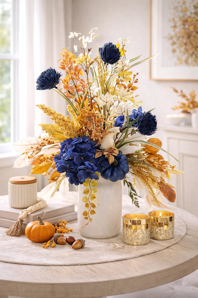 Navy blue hydrangea fall floral arrangement in white ball jar Hydrangea