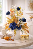 Navy blue hydrangea fall floral arrangement in white ball jar Hydrangea