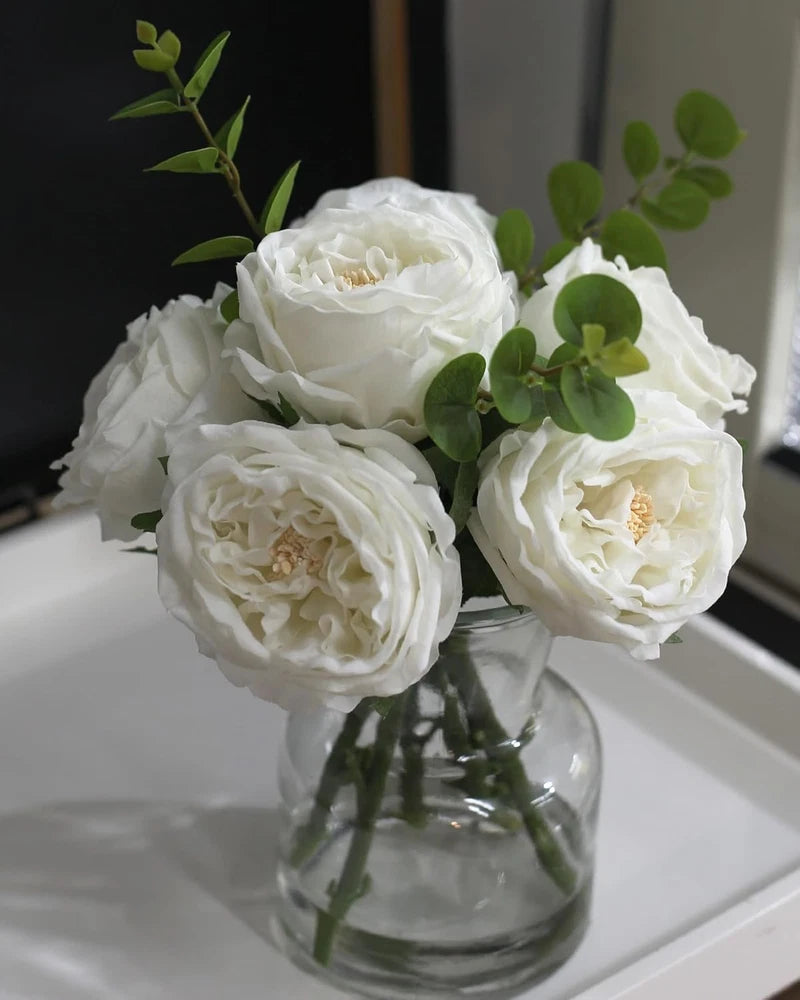Lifelike White Rose Artificial Flower Arrangement in Vase with Faux Water Peony