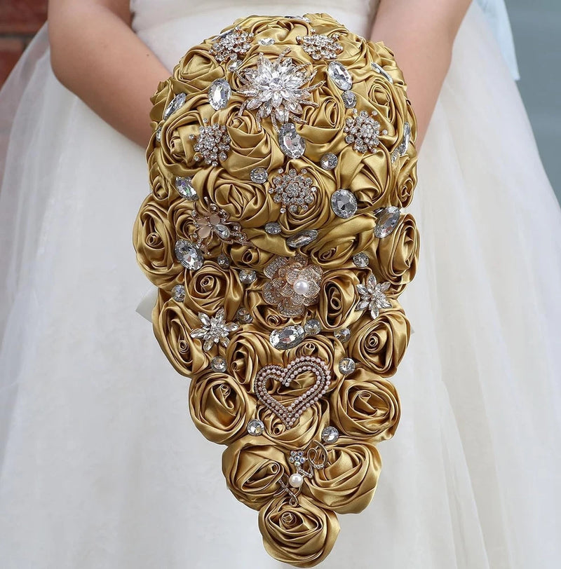 Gold satin rosette wedding bouquet with rhinestone brooch floral design