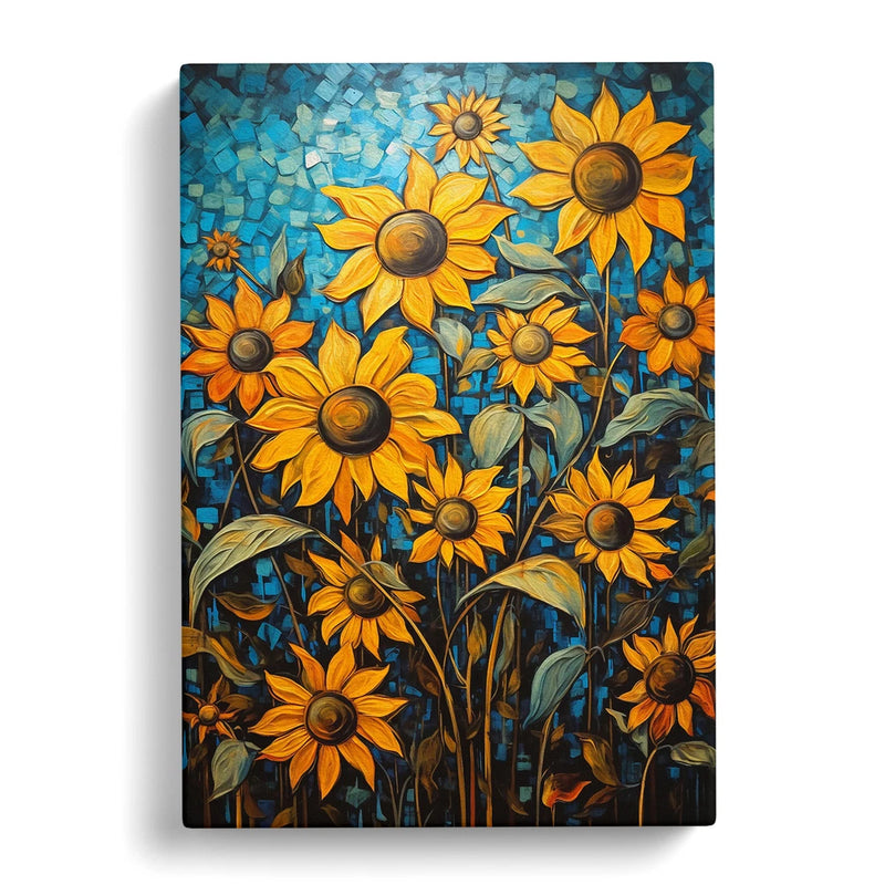 Framed canvas wall art print with bold orange sunflowers on blue textured background