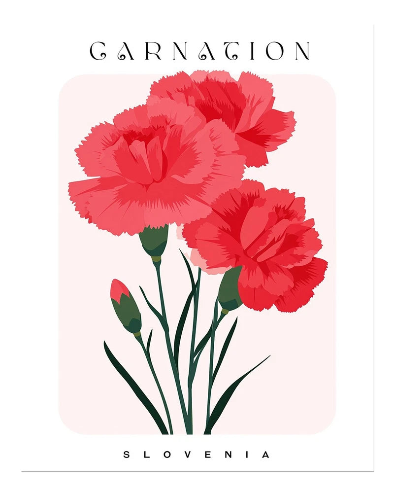 Red carnation flower wall art poster with green stems and leaves