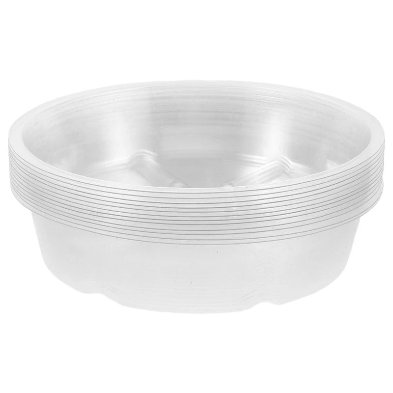 Round white plastic plant pot tray with ribbed sides, shallow nursery planter saucer
