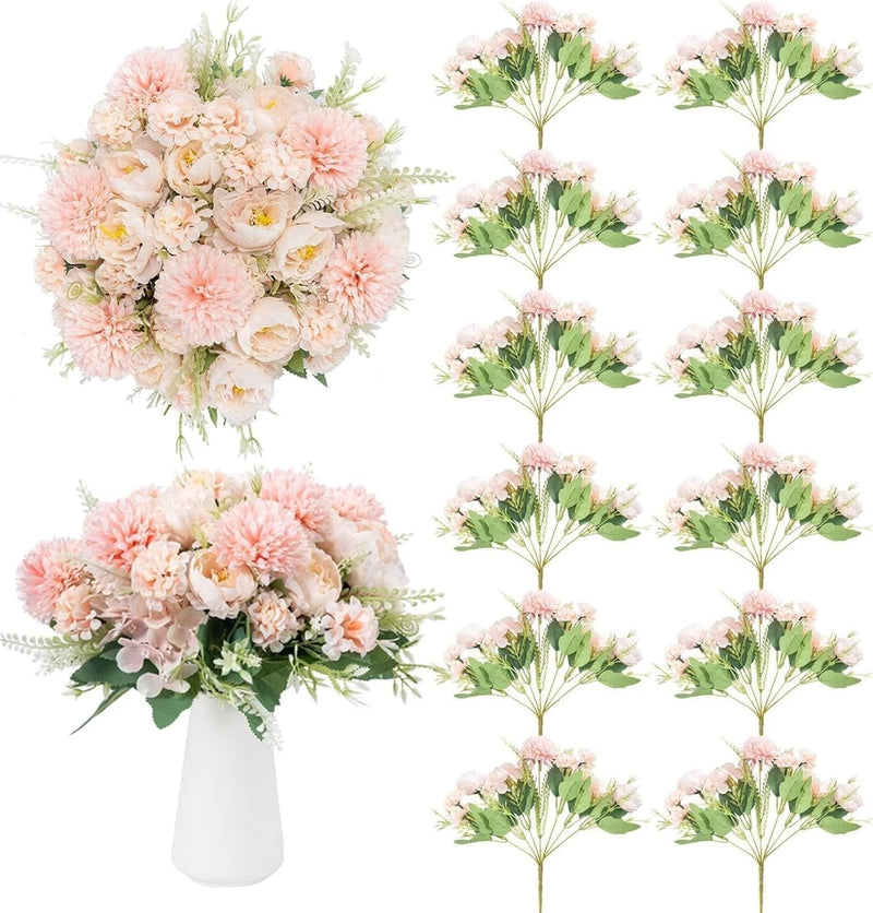 Set of 12 artificial peony flowers with pink blossoms and green leaves on stems