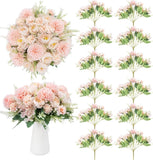Set of 12 artificial peony flowers with pink blossoms and green leaves on stems