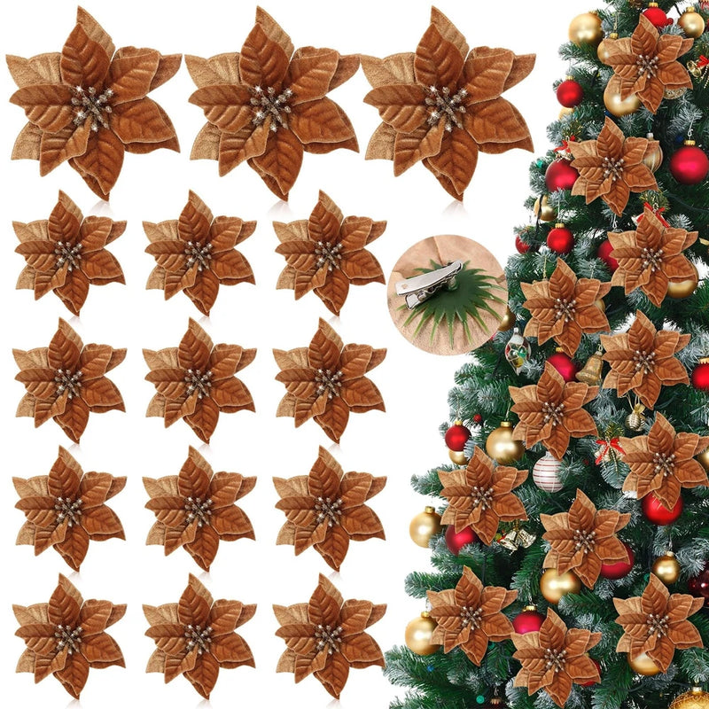 Brown velvet poinsettia flower tree picks set, 12 artificial blooms with wire stems