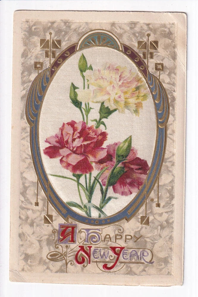 Carnation floral decorative card with oval silk-inset and New Year text