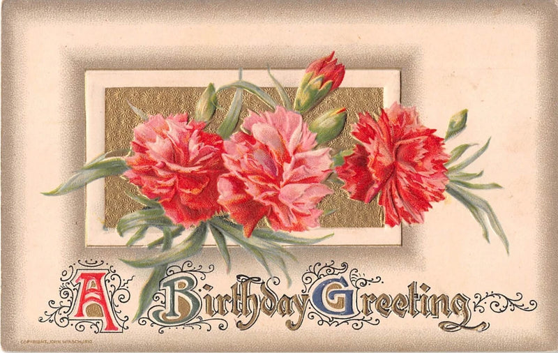 Vintage birthday postcard with pink carnation bouquet and decorative banner text